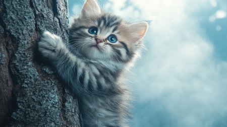 This charming image showcases an adorable fluffy kitten climbing a tree. The kitten's bright blue eyes capture curiosity and innocence amidst a serene nature backdrop.の素材