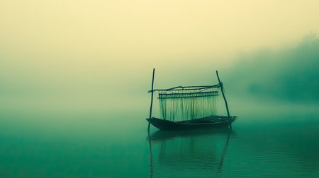 A tranquil scene featuring a fishing boat surrounded by dense fog on a calm lake at dawn. The mist creates a serene and mystical atmosphere, enhancing the beauty of nature.の素材