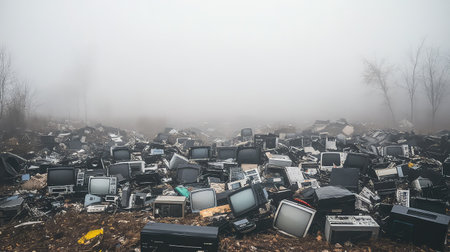 A poignant view of a sprawling pile of old television sets set against a foggy backdrop, emphasizing the pressing issue of electronic waste and environmental neglect.の素材
