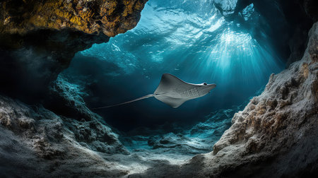 A serene moment captured underwater features a graceful stingray gliding peacefully through a sunlit sea cave. The surrounding blue waters and sandy floor create a tranquil atmosphere, showcasing the beauty of marine life in its natural habitat.の素材