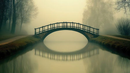 A serene wooden bridge gracefully arches over a calm river, creating a tranquil scene in soft morning light and enveloped in mist and fog.の素材