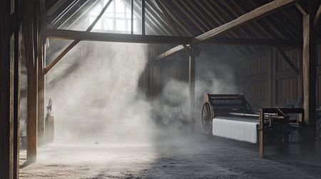 A serene interior of a rustic textile workshop showcasing a vintage loom bathed in soft, natural light, creating an atmospheric, peaceful setting perfect for artisans.の素材