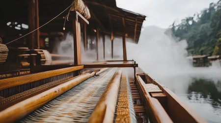 Experience the tranquil beauty of a bamboo weaving workshop by the river, surrounded by misty mountains. A scene that embodies craftsmanship and nature.の素材