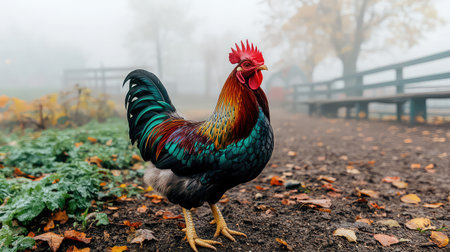 A strikingly colorful rooster stands proudly on a foggy path in a rural area, surrounded by autumn leaves and lush greenery, creating a serene atmosphere.の素材