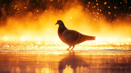 A stunning silhouette of a bird against a vibrant sunset sky, reflecting beautifully on calm waters, creating a peaceful and dramatic scene.の素材