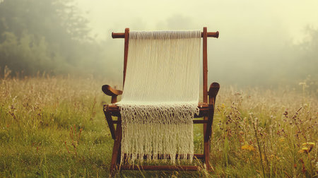 This serene image captures a cozy wooden chair adorned with white yarn, set against a foggy landscape filled with lush grass and wildflowers.の素材