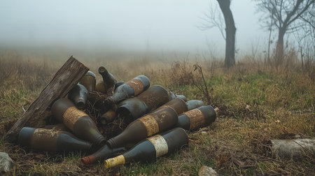 This captivating image features abandoned wine bottles scattered in a foggy landscape, surrounded by grass and trees, creating an atmosphere of nostalgia.の素材