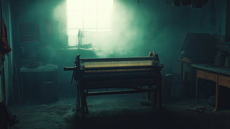 A captivating scene of a rustic loom in a dimly lit workshop, surrounded by mysterious fog and craftsman tools, evoking a sense of heritage and creativity.の素材
