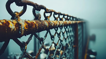 A close-up view of a rusty chain-link fence, enveloped in fog, presents an industrial atmosphere. The soft focus background enhances the sense of isolation, evoking feelings of decay and melancholy.の素材