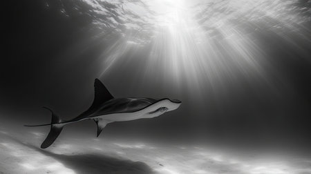 This stunning black and white photo captures a shark gliding gracefully through tranquil ocean waters, illuminated by soft sunlight beams.の素材