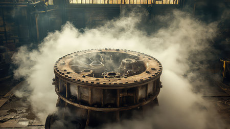 This striking image captures industrial machinery enveloped in smoke within an abandoned factory setting, showcasing intricate design and historical significance.の素材