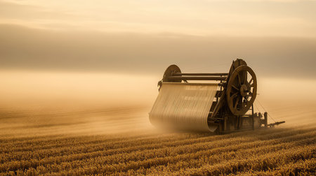 This captivating scene captures a harvesting machine in a golden crop field during a misty morning, showcasing the beauty of agricultural life.の素材