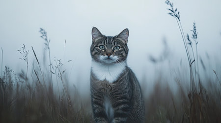 A captivating portrait of a tabby cat in a serene, misty field. The soft atmosphere and delicate grasses create a tranquil environment, highlighting the beauty and charm of this furry companion.の素材