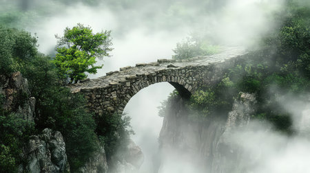 An ancient stone bridge arches gracefully over a rugged terrain, enveloped in mist and surrounded by lush greenery, evoking a sense of tranquility and historic charm.の素材