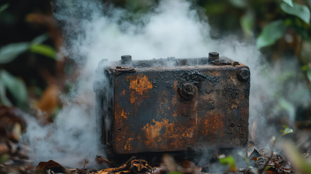 A vintage rusty metal box emits wisps of smoke while nestled among lush green foliage in a mysterious forest setting, evoking an eerie intrigue.の素材