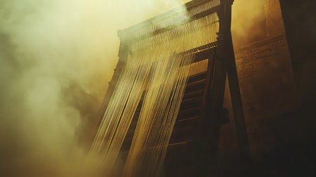 A captivating image of a solitary loom surrounded by enchanting fog, highlighting the intricate threads and creating a dramatic interplay of light and shadow.の素材