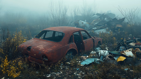 This atmospheric image captures an abandoned classic car enveloped in mist and surrounded by overgrown vegetation, depicting nature's reclamation.の素材