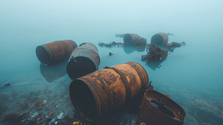 This atmospheric image showcases abandoned rusty barrels partially submerged in misty water, creating a serene yet haunting landscape that evokes feelings of desolation.の素材