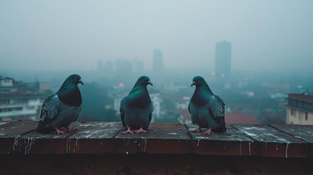 Three pigeons sit gracefully on a rooftop ledge, surrounded by a hazy urban backdrop, creating a serene and tranquil atmosphere filled with fog.の素材