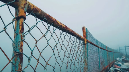 This image captures a rusty metal fence along a foggy pathway, creating an eerie and tranquil atmosphere with a blurred background effect.の素材