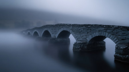 A tranquil scene features a historic stone arch bridge emerging from thick fog, crossing calm waters. The early dawn light enhances the serene atmosphere.の素材