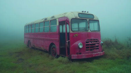 An abandoned vintage pink bus sits eerily in a misty landscape, surrounded by lush green grass. The overcast skies add to the atmosphere of mystery and nostalgia.の素材