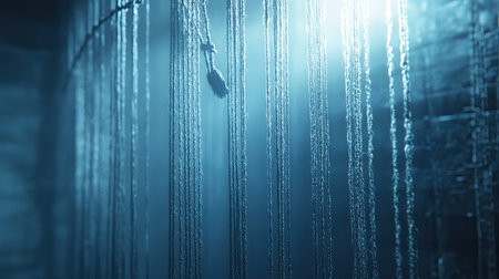 Delicate silken threads cascade down in a captivating display, illuminated by soft blue light, creating a serene and mysterious ambiance ideal for artistic projects.の素材