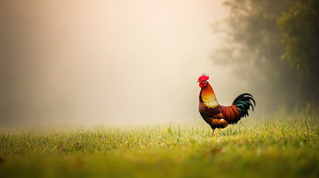 A striking rooster stands confidently in a misty field, showcasing vibrant plumage against soft morning light. This serene scene captures the essence of rural tranquility and the beauty of wildlife.の素材