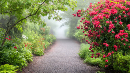 A serene pathway meanders through a vibrant garden filled with colorful flowers and lush greenery, enveloped in a gentle mist. Ideal for nature lovers.の素材
