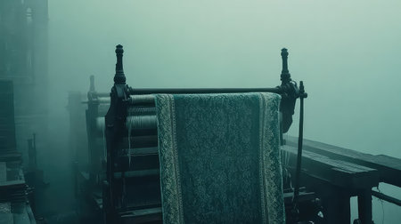 An antique loom shrouded in fog creates an atmospheric scene, showcasing the intricate detail of weaving and invoking a sense of history and craftsmanship.の素材