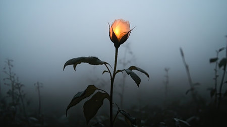A solitary rose emanates a gentle glow amidst a serene foggy backdrop, highlighting the beauty of nature and evoking a sense of tranquility and wonder.の素材