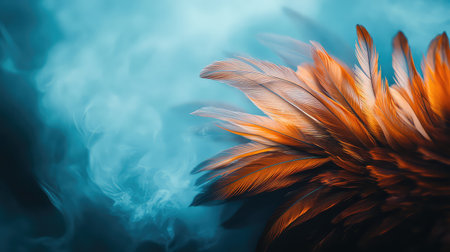A stunning close-up of vibrant orange feathers set against a soft blue background, creating a striking visual contrast perfect for artistic projects.の素材