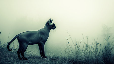 This captivating image features a cat silhouette against a foggy landscape, creating a mysterious and serene atmosphere. The black and white tones enhance the enigmatic mood, perfect for artistic projects.の素材