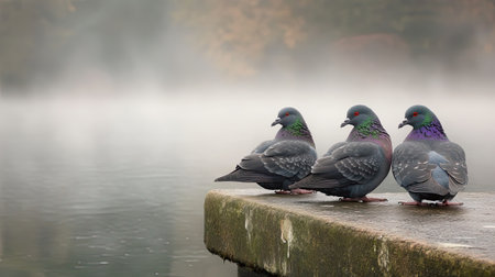 This stunning image features three colorful pigeons resting by a misty lake during the early morning. The gentle fog creates a serene atmosphere, highlighting the beauty of nature. The vibrant colors of the pigeons' feathers add a captivating touch to the peaceful landscape.の素材