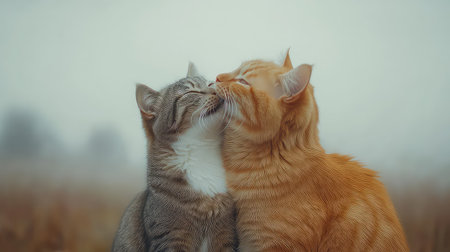 This charming photograph captures two cats sharing a tender kiss in a misty morning setting. The soft light enhances the intimate moment, showcasing their adorable friendship and affection.の素材