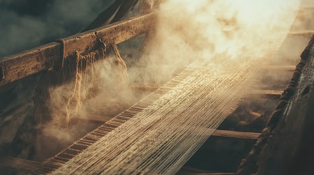 This image showcases a traditional weaving loom with illuminated threads and surrounding steam, capturing the essence of artisanal textile craftsmanship.の素材