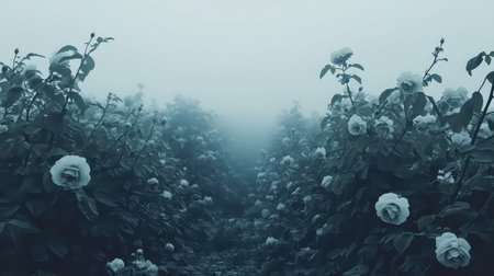 A stunning view of a rose field enveloped in a mystical fog. The soft blue tones and lush green leaves create a serene and tranquil atmosphere, inviting viewers to embrace nature's beauty.の素材