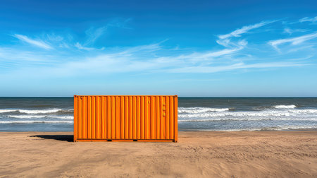 A vivid orange shipping container stands on a picturesque beach, with gentle ocean waves lapping at the golden sand under a clear blue sky.の素材