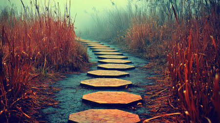 A tranquil pathway emerges through a foggy marsh, lined with hexagonal stone tiles and surrounded by tall grass. An evocative scene for nature lovers.の素材