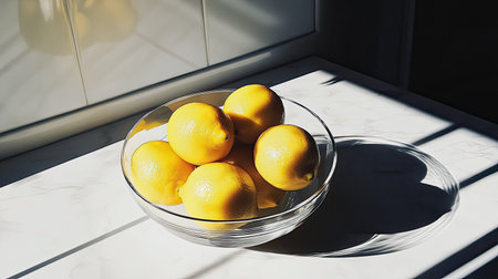 A stunning arrangement of fresh yellow lemons in a glass bowl captures sunlight and creates soft shadows on a marble surface, adding elegance.の素材