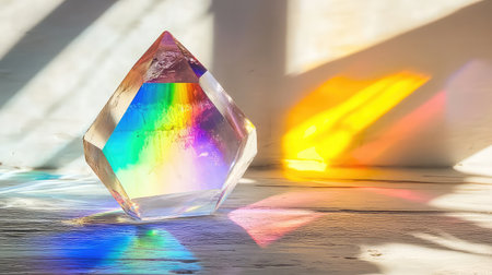 A stunning crystal prism capturing and reflecting a vivid rainbow spectrum on a bright surface, creating a magical interplay of light and shape.の素材