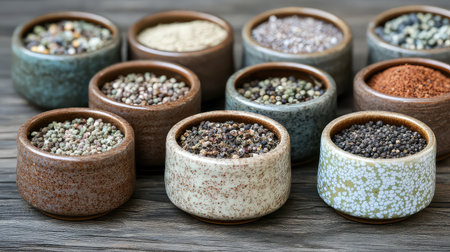 A stunning arrangement of various colorful spices and seeds displayed in decorative bowls on a wooden table. Perfect for culinary inspiration and food styling.の素材
