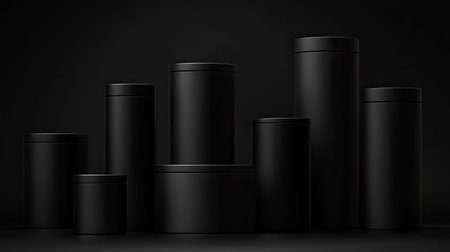 A visually striking arrangement of various black cylinder containers on a dark background, perfect for product display, branding, and minimalist design themes.の素材