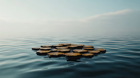 A tranquil scene featuring floating wooden platforms on a serene water surface, surrounded by a misty atmosphere at dawn, perfect for reflection.の素材