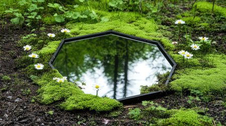 An artistic octagonal mirror rests on lush green moss, framed by delicate white daisies, capturing the essence of nature's tranquility and beauty.の素材
