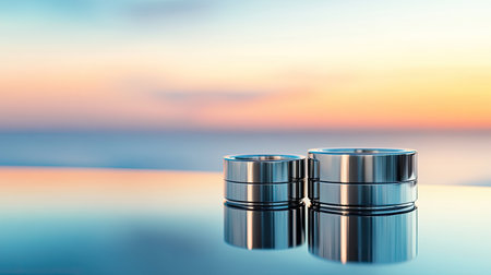 This striking image features shiny metallic rings resting on a reflective surface, beautifully contrasted by soft sunset colors over the calm ocean. Perfect for artistic and modern designs.の素材