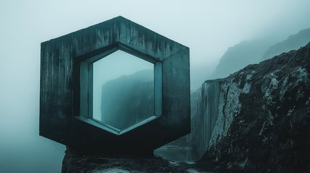 Captivating abstract structure in a foggy landscape, set against rocky cliffs. This image evokes a sense of mystery, blending modern architecture with natureの素材