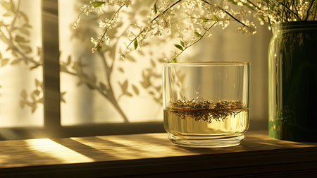 This serene image showcases a glass container filled with herbal infusion, illuminated by soft natural light, creating a peaceful ambiance perfect for relaxation.の素材