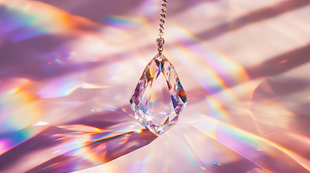 A stunning crystal pendant glistens as it hangs above a soft gradient background. Colorful reflections dance around, creating an enchanting atmosphere.の素材