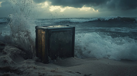 A solitary weathered box sits on a windswept beach, embraced by foamy waves crashing under a dark, moody sky, evoking a sense of mystery and solitude.の素材